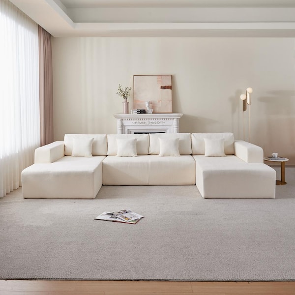 137.79 in Wide Square Arm Chenille U-Shaped Modern Upholstered Sofa in Beige with 4-Pillows