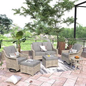 Palffy Gray 6-Piece Wicker Patio Conversation Seating Set with Dark Gray Cushions and Swivel Rocking Chairs