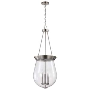 Boliver 60-Watt 3-Light Brushed Nickel Shaded Pendant Light with Clear Seeded Glass Shade and No Bulbs Included