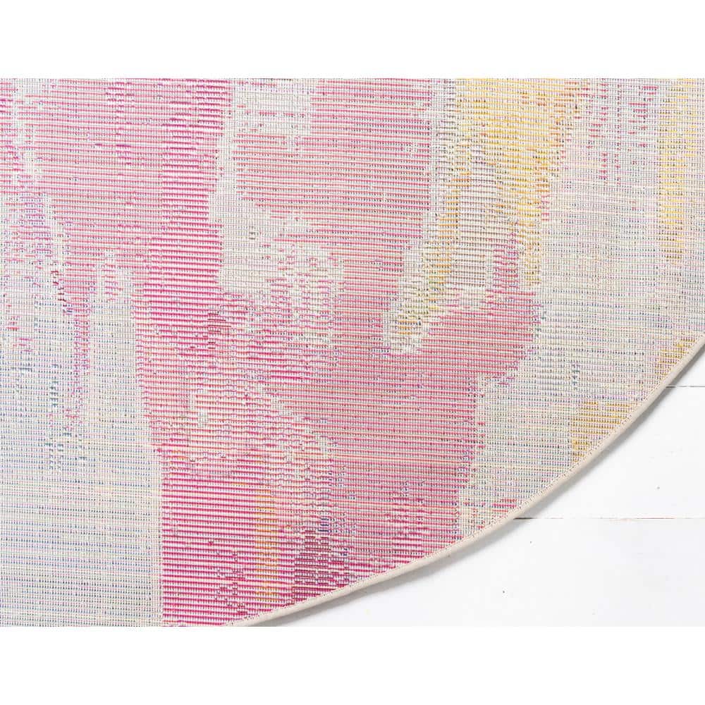 Vibrant Abstract Round Synthetic Rug in Pink & Blue, 6ft