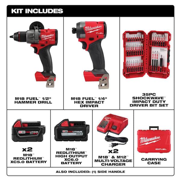 M18 FUEL 18V Lithium-Ion Brushless Cordless Hammer Drill and Impact Driver Combo Kit (2-Tool) w/ 3 Batteries & Bit Kit