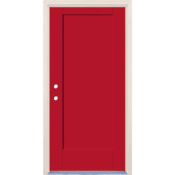 Builders Choice 36 in. x 80 in. 1 Panel Right-Hand Ruby Red Painted Fiberglass Prehung Front Door w/4-9/16 in. Frame and Nickel Hinges