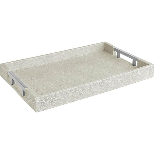 Natural/Silver Rectangular Faux Leather Decorative Serving Tray with Handles