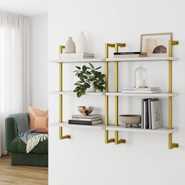 thumbnail image 2 of J JackCube Design Floating Shelves Set Of 3 – White Wood With Gold Wire Frames, Wall Mounted Storage For Living Room, Bedroom, Kitchen 2 of 12