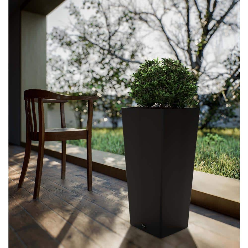 Tall Black Composite Resin Outdoor Square Planter with Shelf Insert