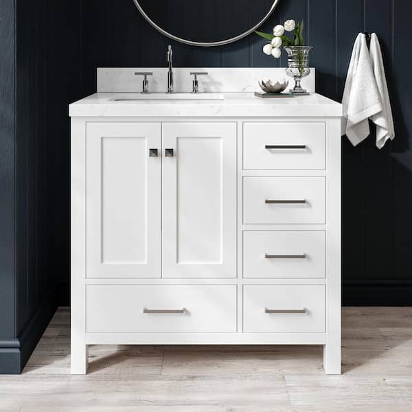 ARIEL Cambridge 36 in. W x 22 in. D x 36 in. H Single Rectangle Sink Bath Vanity in White with Carrara White Quartz Top
