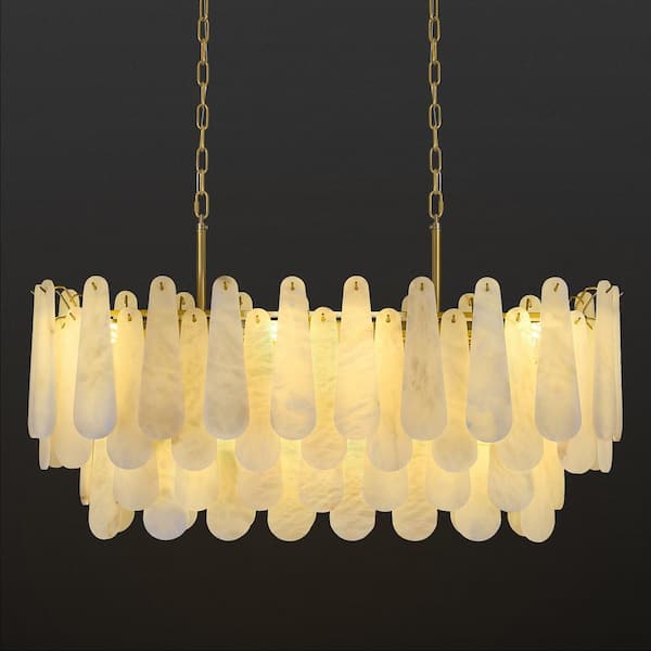 40 in. 11-Light Dimmable LED Brass Alabaster Chandelier, Rectangle 4-Tiers Kitchen Island Chandelier, for Dining Room