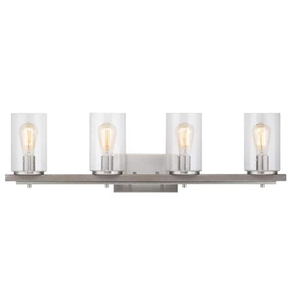 Hampton Bay Boswell Quarter 33-1/4 in. 4-Light Brushed Nickel Farmhouse Vanity Light with Painted Weathered Gray Wood Accents