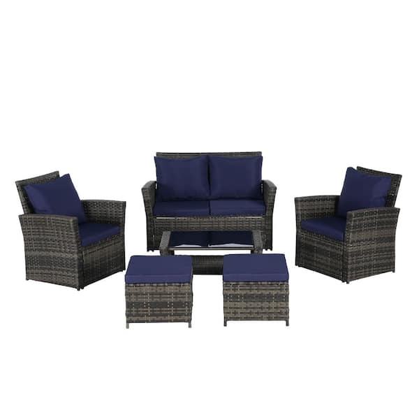 6-Pieces Wicker Outdoor Conversation Sets with Dark Blue Cushions and Tempered Glass Coffee Table