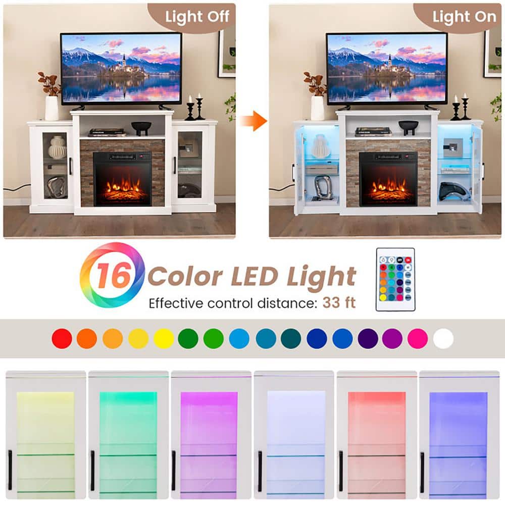 White MDF Fireplace TV Stand with LED Lights and Cabinets