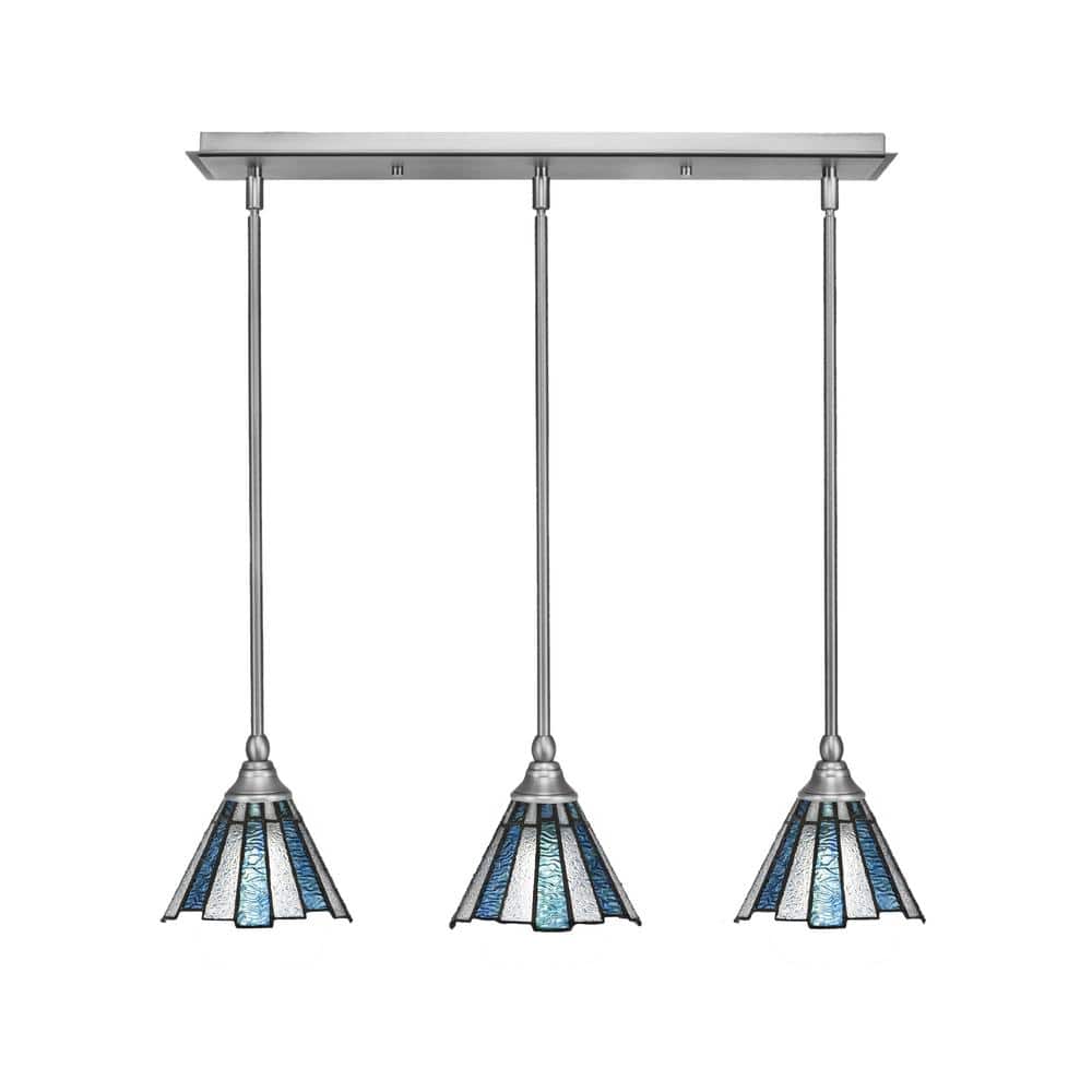 Livingston 100-Watt 3-Light Nickel Shaded Pendant Light with 7 in. Sea Ice 