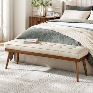 Paula Beige 55.5 in. Wide Genuine Leather Bedroom Bench with Solid Wood Base