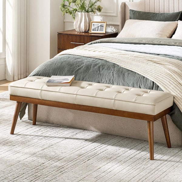 Paula Beige 55.5 in. Wide Genuine Leather Bedroom Bench with Solid Wood Base