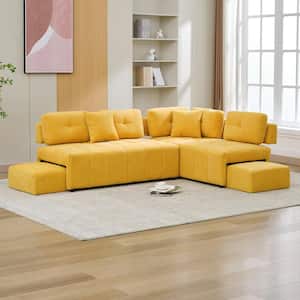 92 in. L-Shaped Armless Chenille Rectangle Sectional Sofa Couch with 2 Stools and Lumbar Pillows for Living Room, Yellow