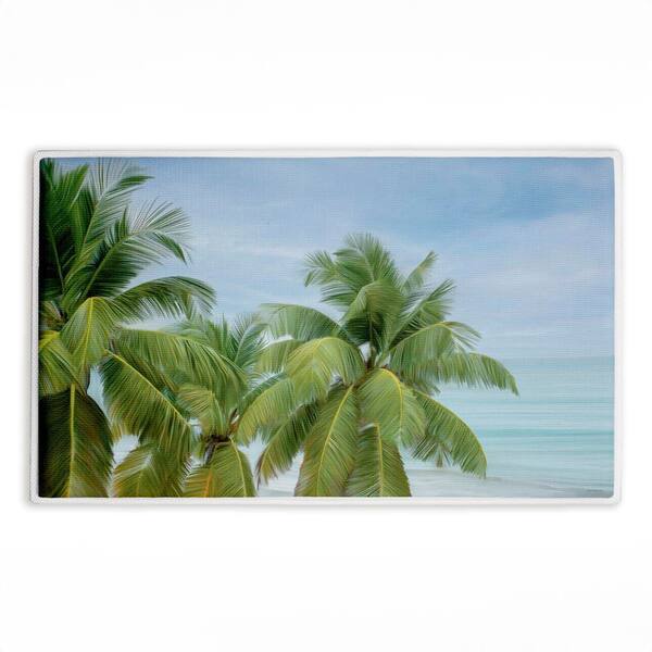 Tropical Palms Overlooking Ocean 18 in. x 30 in. Green Graphic Polyester Blend Rectangle Bath Mat