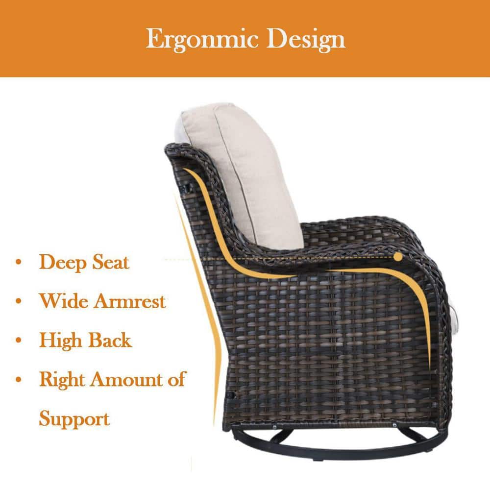 Brown Wicker Swivel Glider Club Chairs with Beige Cushions