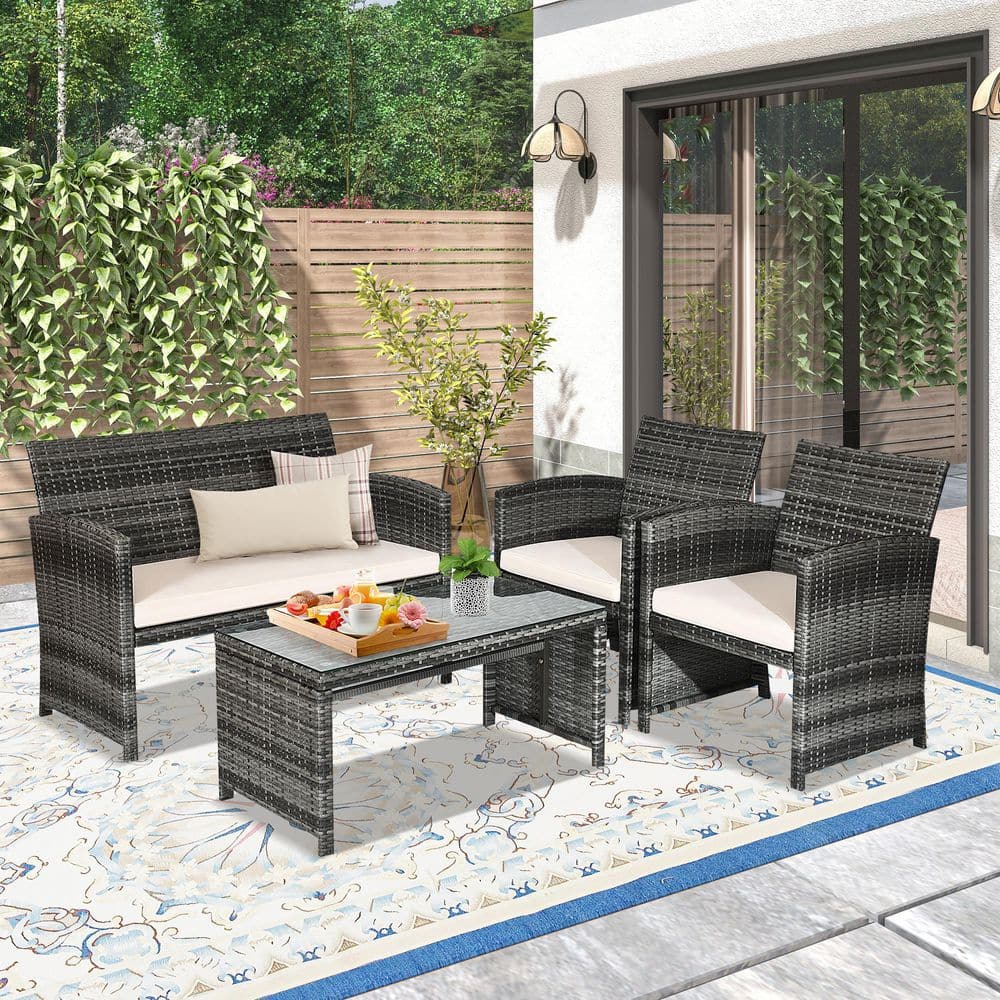 4-Piece Rattan Wicker Patio Conversation Set with Glass Table and White Cushions price history on PriceWatchPro