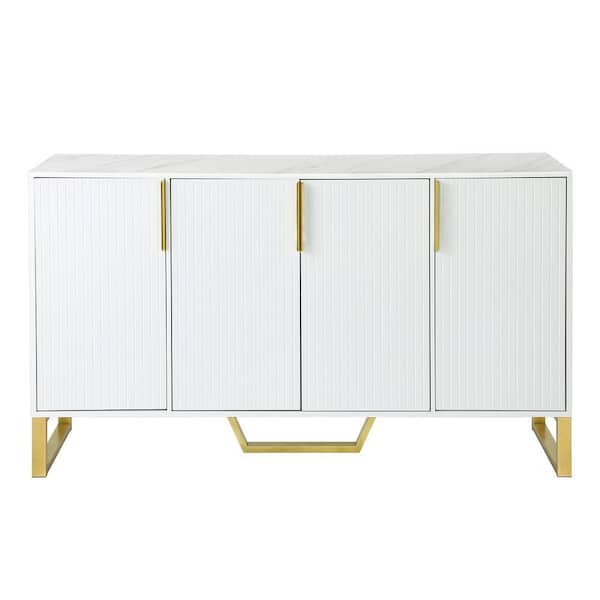 Unbranded 60 in. W x 15.7 in. D x 34 in. H White Linen Cabinet with 4-Doors, Metal Handles and Legs, Adjustable Shelves
