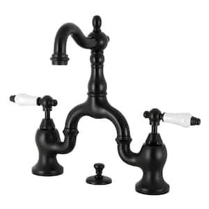English Country Bridge 8 in. Widespread 2-Handle Bathroom Faucet with Brass Pop-Up in Matte Black