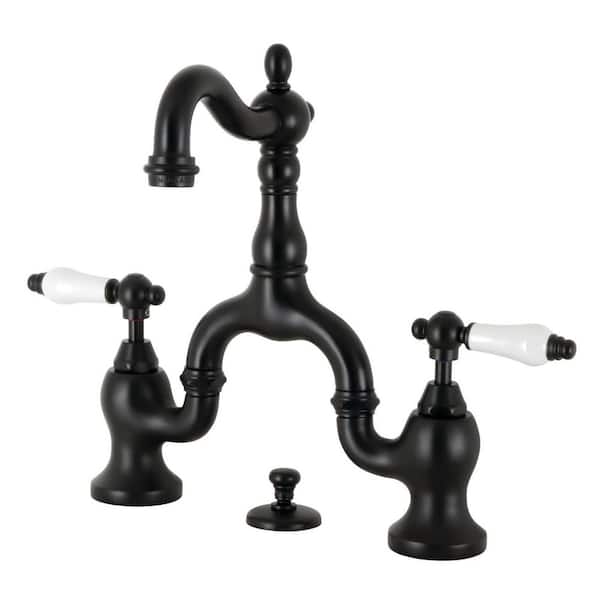 Kingston Brass English Country Bridge 8 in. Widespread 2-Handle Bathroom Faucet with Brass Pop-Up in Matte Black