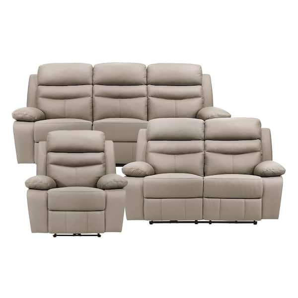 Lazzara Edelia 86.5 in. W. Pillow Top Arm Leather Rectangle 3-Piece Power Reclining Sofa Set in Latte