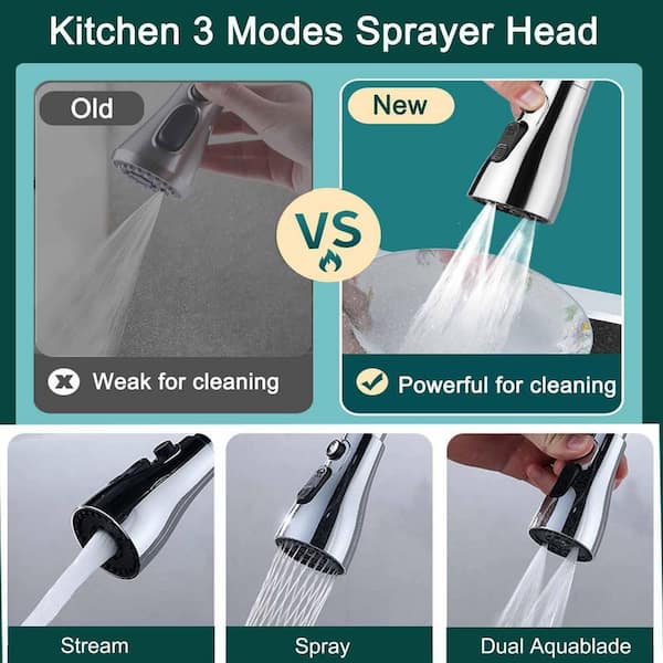 7 in. H x 3.5 in. W x 2.5 in. D 3-Mode Kitchen Sink Sprayer Set, Stainless Steel Faucet Attachment with Brass Diverter