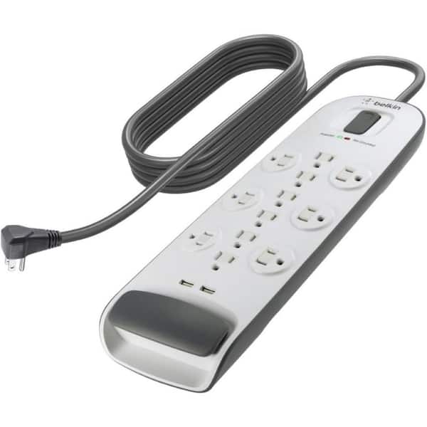12-Outlet Power Strip Surge Protector with 2 USB Ports - 6 ft Long Flat Plug Extension Cord and 3,996 Joules in White