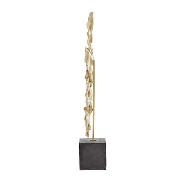Litton Lane Gold Polystone Handmade Floral Sculpture with Black Block Base