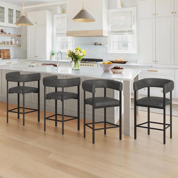 OrangeOne 26 in. Black Gray Faux Leather Metal Frame Bar Chair Wraparound Upholstered Counter Height Bar Stools (Set of 4)