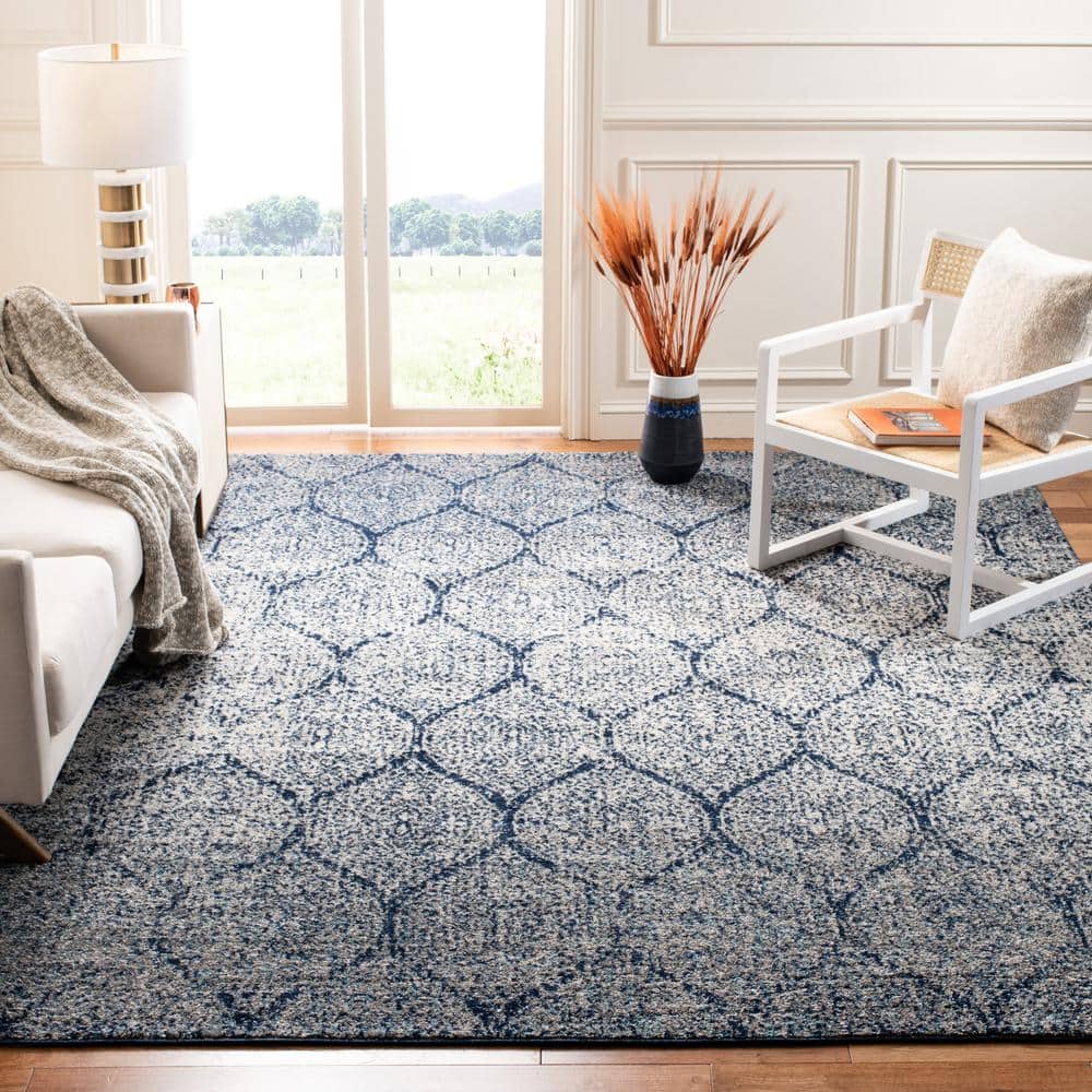 Elegant Navy/Silver Synthetic 9' Square Area Rug with Easy Care