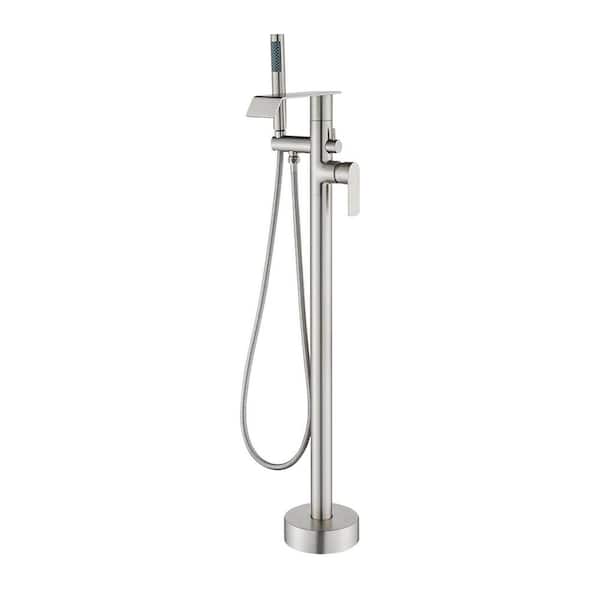 Single Handle Floor Mount Bathtub Faucet Freestanding Tub Filler Standing Shower Faucets with Handheld Shower in Nickel