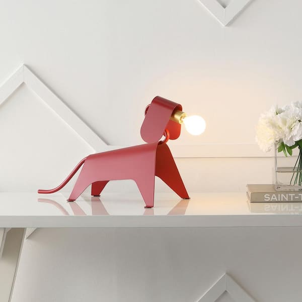 JONATHAN Y Rover 10 in. Modern Industrial Iron Canine LED Kids' Lamp, Red