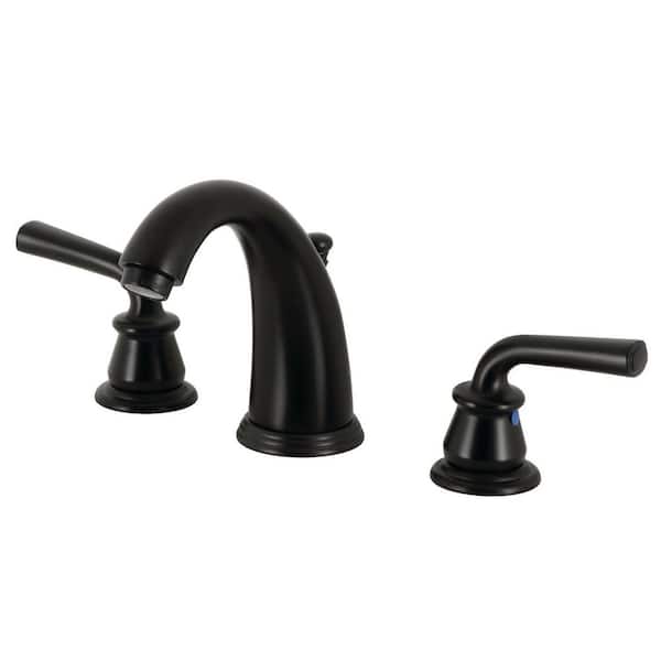 Kingston Brass Restoration 2-Handle 8 in. Widespread Bathroom Faucets with Plastic Pop-Up in Matte Black