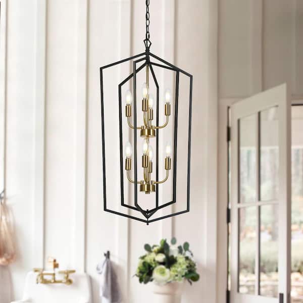 Traditional 8-Light Black Chandelier, Farmhouse Brass Caged Hanging Light, Tiered Kitchen Island Pendant Light for Foyer
