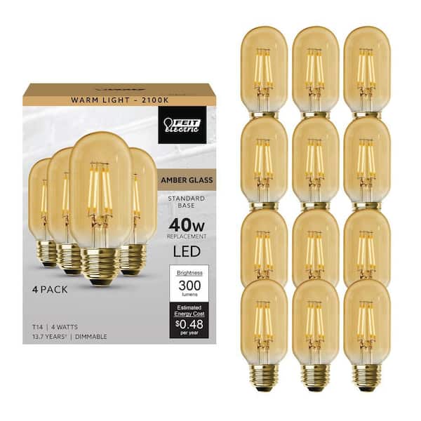 40-Watt Equivalent T14 Dimmable Straight Filament Amber Glass Vintage Edison E26 LED Light Bulb, Warm White (12-Pack)