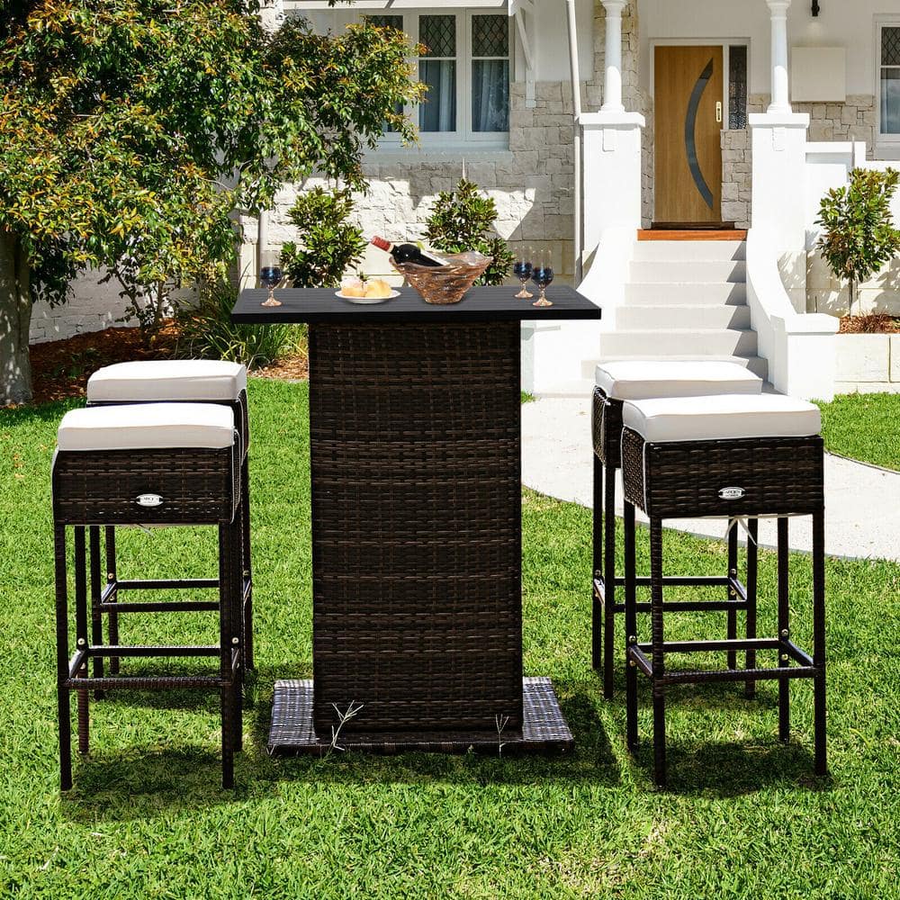 Gray Wicker 5-Piece Outdoor Bar Set with White Cushions