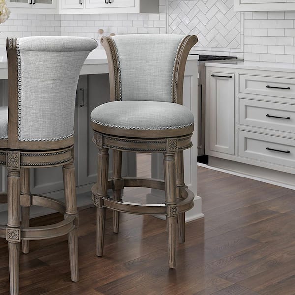 NewRidge Home Goods Chapman 31 in.. Weathered Gray High Back Wood Swivel Bar Stool with Gray Upholstered Seat, 1-Stool