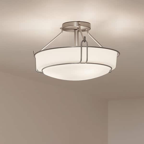 Alkire 16.5 in. 3-Light Brushed Nickel Hallway Transitional Semi-Flush Mount Ceiling Light with Frosted Glass