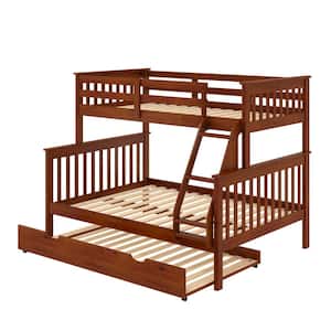 Light Espresso Pine Wood Twin and Full Mission Bunk Bed with Trundle Daybed