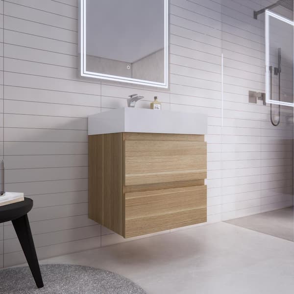Monterey 24 in. W x 20 in. D x 26 in. H Single Sink Floating Bath Vanity in Champagne Oak with White Acrylic Top