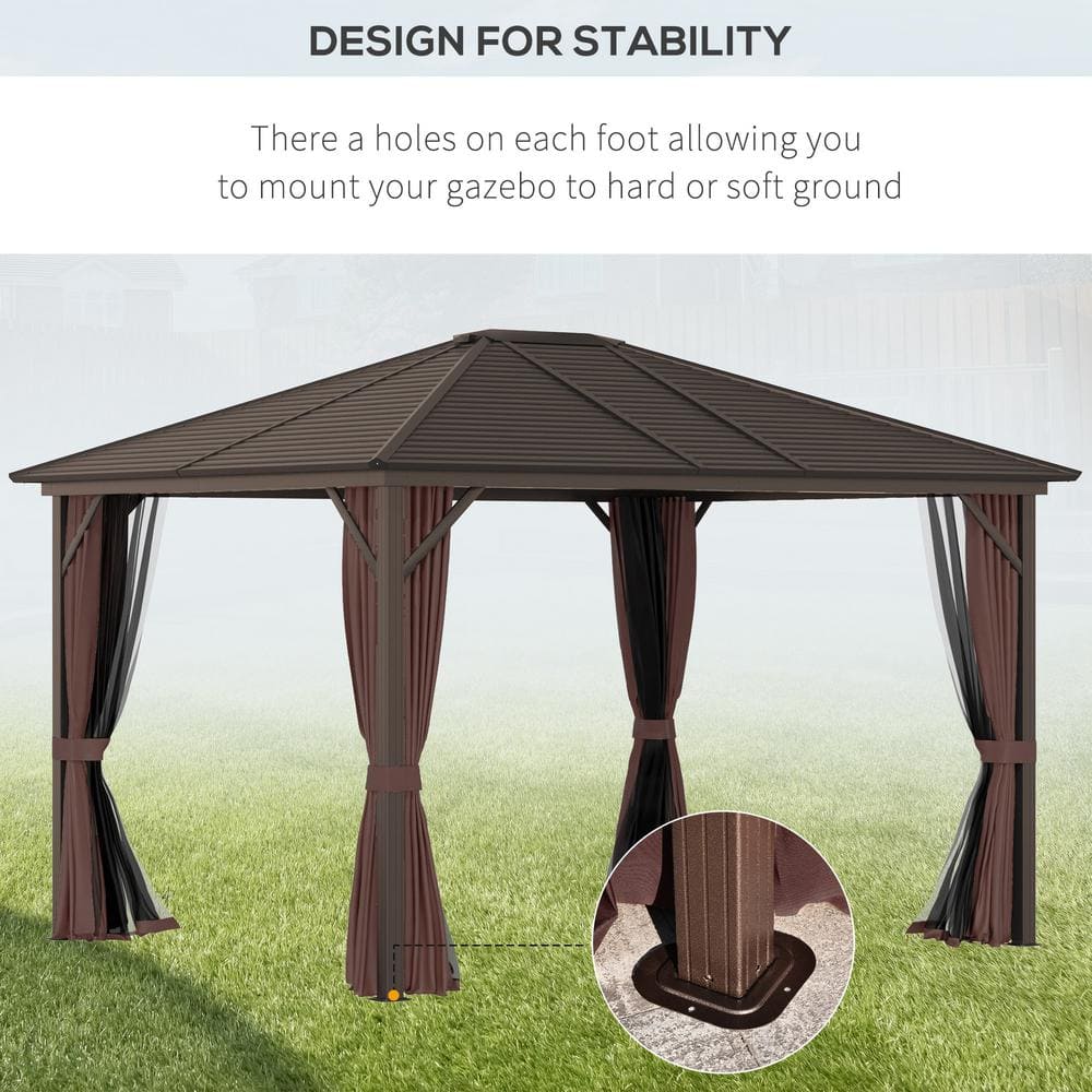 Outsunny 12' x 10' Brown Aluminum Hardtop Gazebo with Curtains