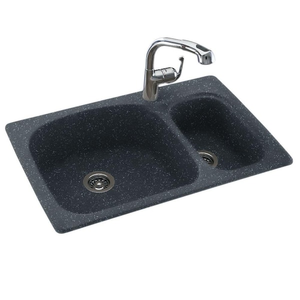 Swan Drop-In/Undermount Solid Surface 33 in. 1-Hole 70/30 Double Bowl Kitchen Sink in Black Galaxy