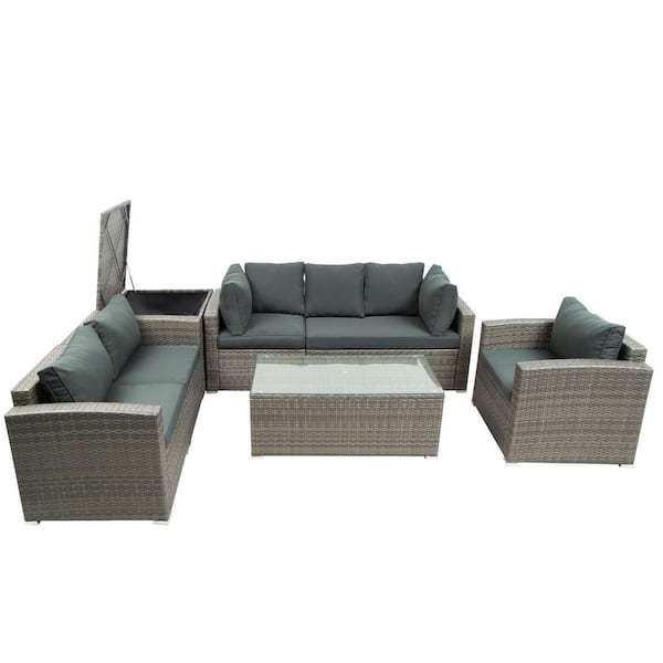 Tunearary 7-Piece Wicker Outdoor Sectional Sofa Set With Storage Compartment Removable Gray Cushions