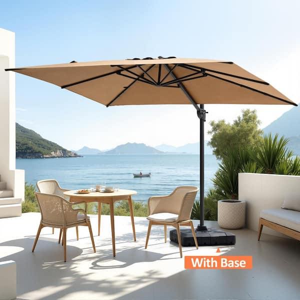 11 ft. x 9 ft. Aluminum Cantilever Offset 360° Swivel Adjustable Canopy Tilt Patio Umbrella in Tan with Base