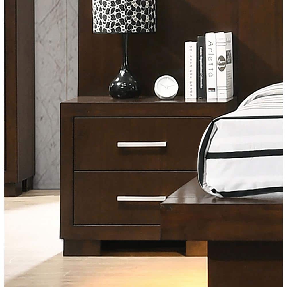 Transitional Cappuccino Brown 2-Drawer Nightstand with Silver Tone Bar Handles