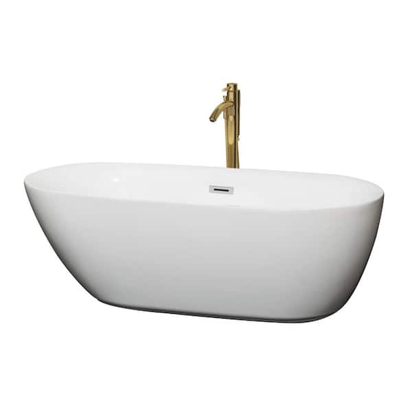 Wyndham Collection Melissa 65 in. Acrylic Flatbottom Bathtub in White with Polished Chrome Trim and Brushed Gold Faucet