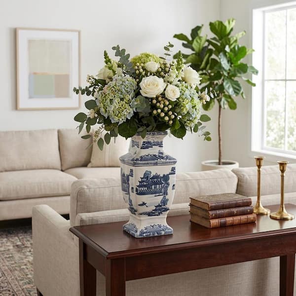 Liv & Skye 15 in. Blue and White Ceramic Chinoiserie Floral Vase