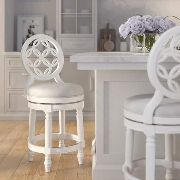 NewRidge Home Goods Tiffany 26in. Wood Counter-Height Swivel Bar Stool with Back, Farmhouse White with Light Grey Seat