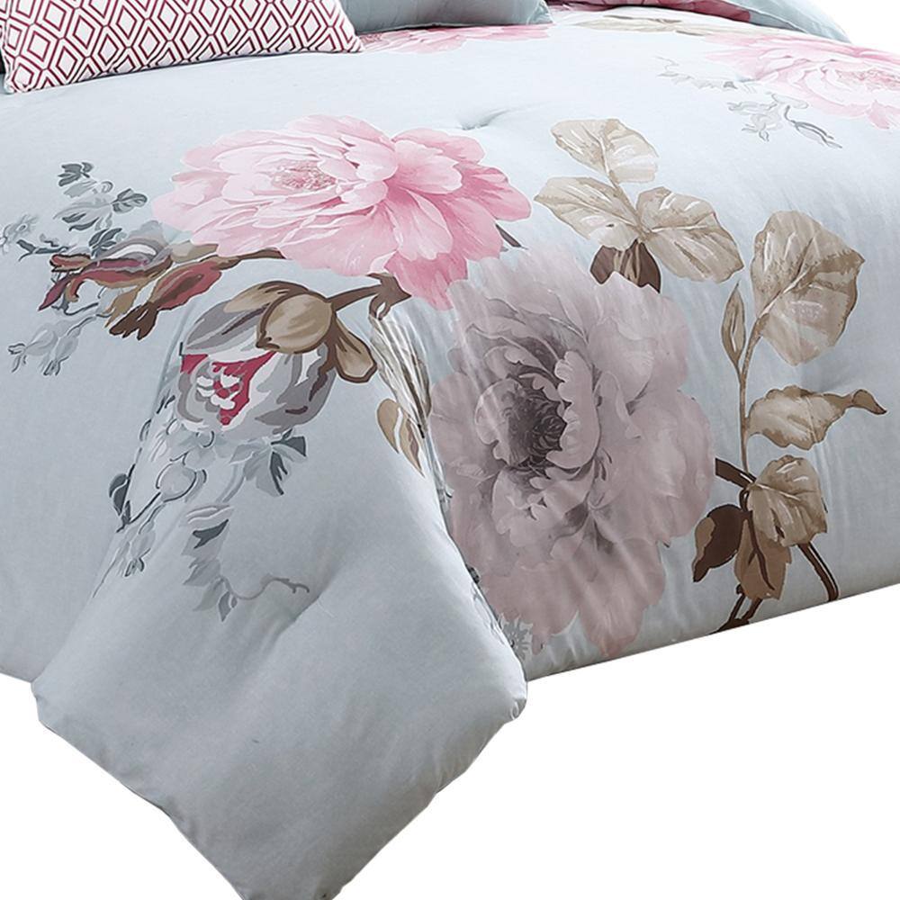 Queen Size Floral Microfiber Comforter Set in Pink and Blue