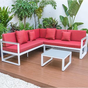 Chelsea White 3-Piece Aluminum Outdoor Patio Sectional Seating Set Adjustable Headrest & Table with Red Cushions